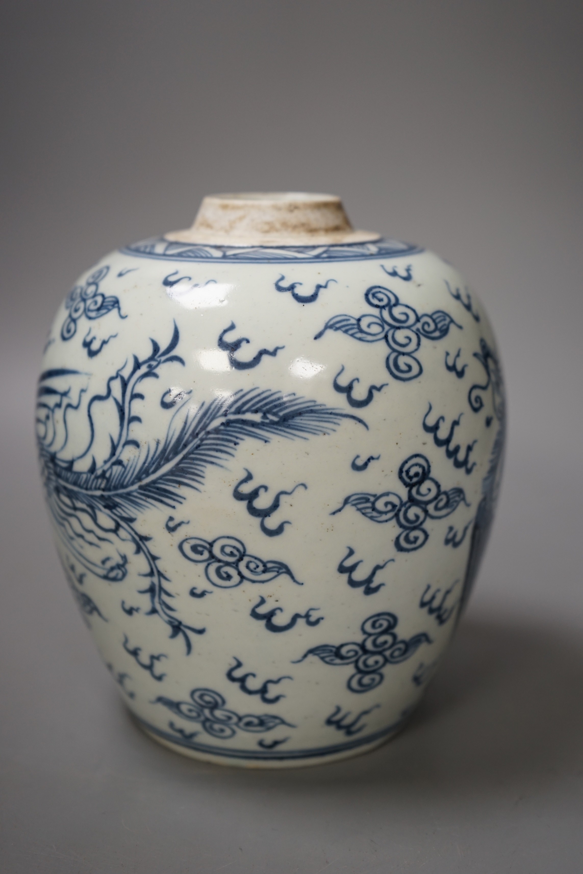 A Chinese blue and white 'phoenix' jar, 17cm